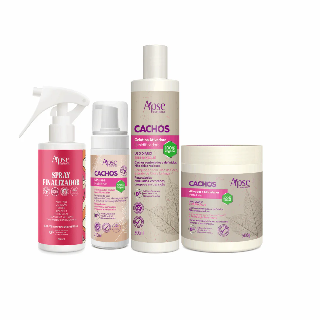 Apse Cosmetics - Curl Finishing Kit - Mousse, Activating Gelatin, Activator and Styler, and Finishing Spray

Note: The conversion from metric to US standards would depend on the specific measurements provided for each product in the kit.